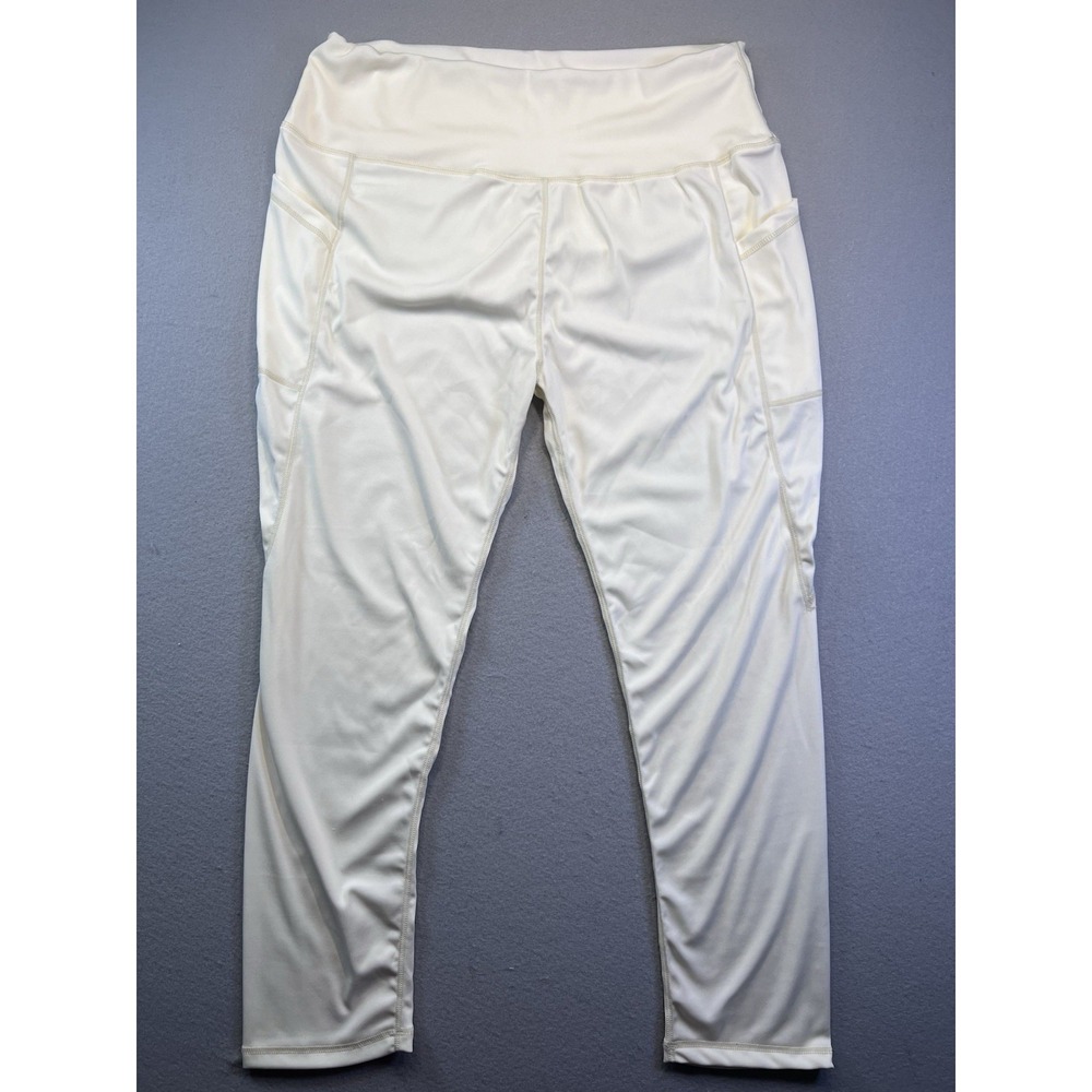 Womens High Waisted Squat Proof Athletic Leggings W/ Side Pockets Large Cream